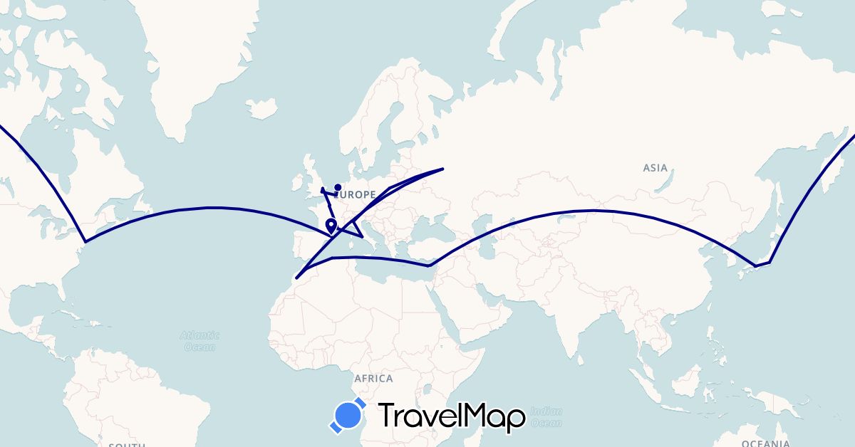 TravelMap itinerary: driving in Belgium, Cyprus, Algeria, Spain, France, United Kingdom, Italy, Japan, Morocco, Netherlands, Poland, Russia, United States (Africa, Asia, Europe, North America)