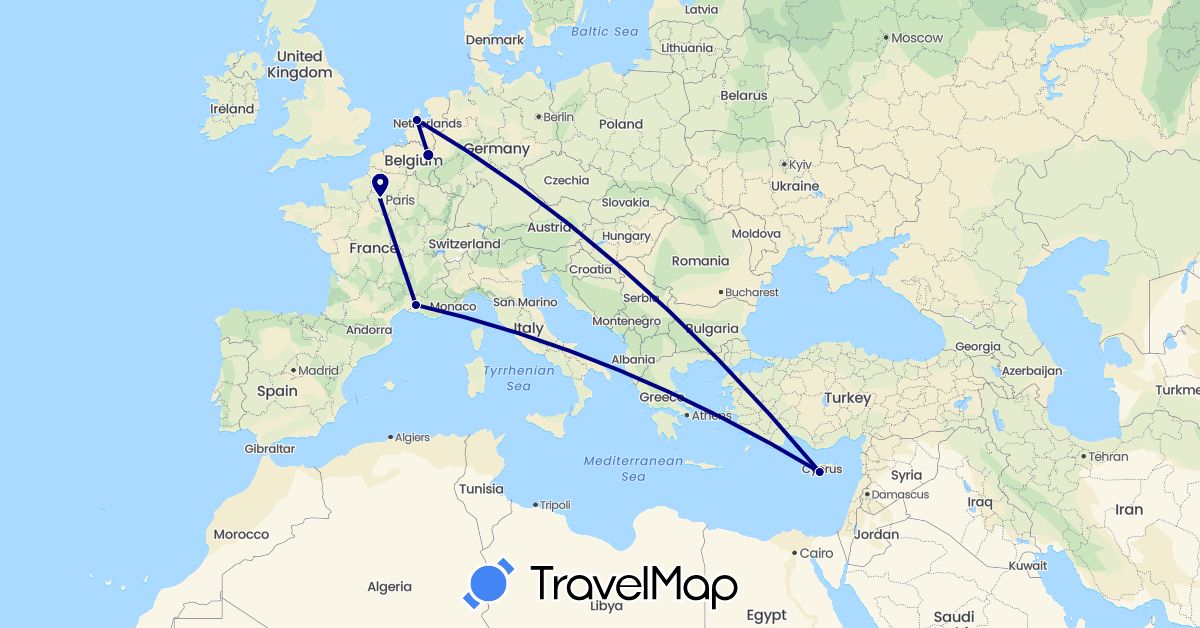 TravelMap itinerary: driving in Cyprus, France, Netherlands (Asia, Europe)